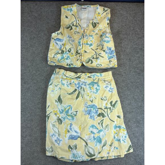 VINTAGE 80s Capacity Vest Mini Skirt Set Womens Small Yellow Floral Cottagecore - Picture 1 of 8